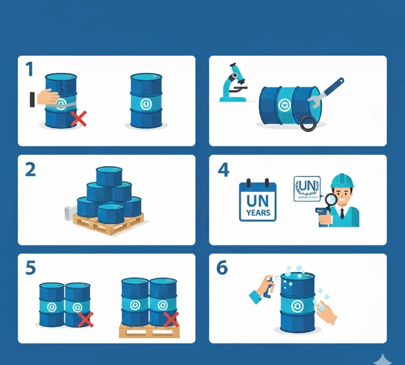 بازرسی فنی بشکه ۲۲۰ لیتری پلی‌اتیلن پتروشید قبل از صادرات.