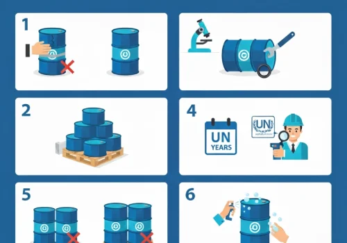 بازرسی فنی بشکه ۲۲۰ لیتری پلی‌اتیلن پتروشید قبل از صادرات.