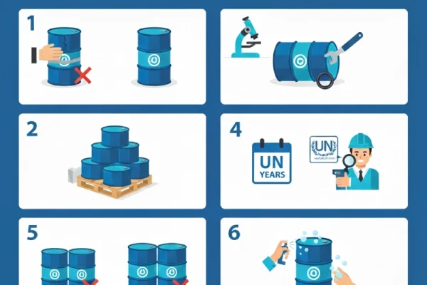 بازرسی فنی بشکه ۲۲۰ لیتری پلی‌اتیلن پتروشید قبل از صادرات.